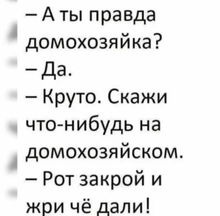 Аты правда домохозяйка Да Круто Скажи что нибудь на домохозяЯйсКоМм Рот закрой и жри чё дали