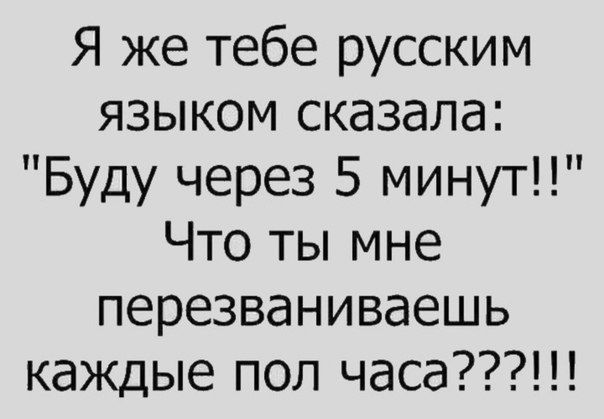 Я же тебе русским языком сказала Буду через 5 минут Что ты мне перезваниваешь каждые пол часа