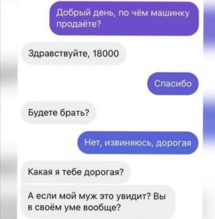 Добрый день по чём машинку продаёте Здравствуйте 18000 Будете брать Нет извиняюсь дорог Какая я тебе дорогая А если мой муж это увидит Вы в своём уме вообще