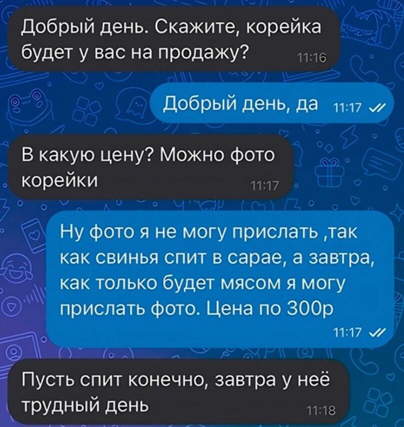 Добрый день Скажите корейка будет у вас на продажу 116 Добрый день да п7 В какую цену Можно фото корейки 1117 Ну фото я не могу прислать так как свинья спит в сарае а завтра как только бУДЭТ мясом я могу прислать фото Цена по 300р 1117 м7 оуе Г Пусть спит конечно завтра у неё трудный день т18