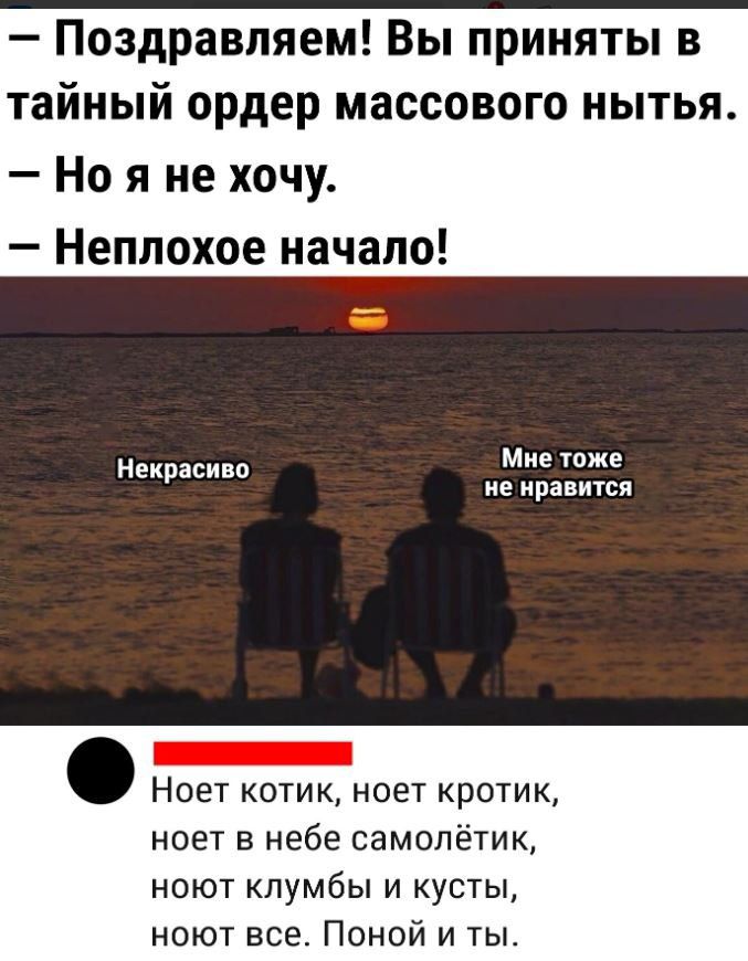 Поздравляем Вы приняты в тайный ордер массового нытья Но я не хочу Неплохое начало Ц Мне тоже Некрасиво не нравится пнНЛННННННННя Ноет котик ноет кротик ноет в небе самолётик ноют клумбы и кусты ноют все Поной и ты