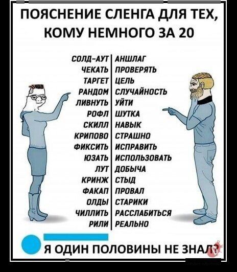 ПОЯСНЕНИЕ СЛЕНГА ДЛЯ ТЕХ КОМУ НЕМНОГО ЗА 20 СОЛД АУТ АНШЛАГ ЧЕКАТЬ ПРОВЕРЯТЬ ТАРГЕТ ЦЕЛЬ РАНДОМ СЛУЧАЙНОСТЬ В ЛИВНУТЬ УЙТИ РОФЛ ШУТКА 7 СКИЛЛ НАВЫК КРИПОВО СТРАШНО ФИКСИТЬ ИСПРАВИТЬ ЮЗАТЬ ИСПОЛЬЗОВАТЬ ЛУТ ДОБЫЧА КРИНЖ СТЫД ФАКАП ПРОВАЛ ОЛДЫ СТАРИКИ ЧИЛЛИТЬ РАССЛАБИТЬСЯ РИЛИ РЕАЛЬНО Я ОДИН ПОЛОВИНЫ НЕ ЗНАД