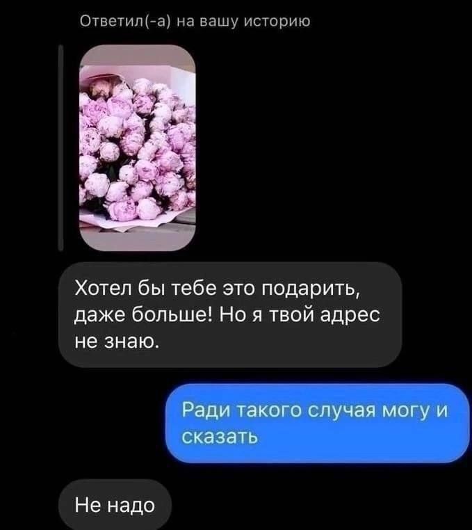 Ответил а на вашу историю Хотел бы тебе это подарить даже больше Но я твой адрес не знаю Не надо