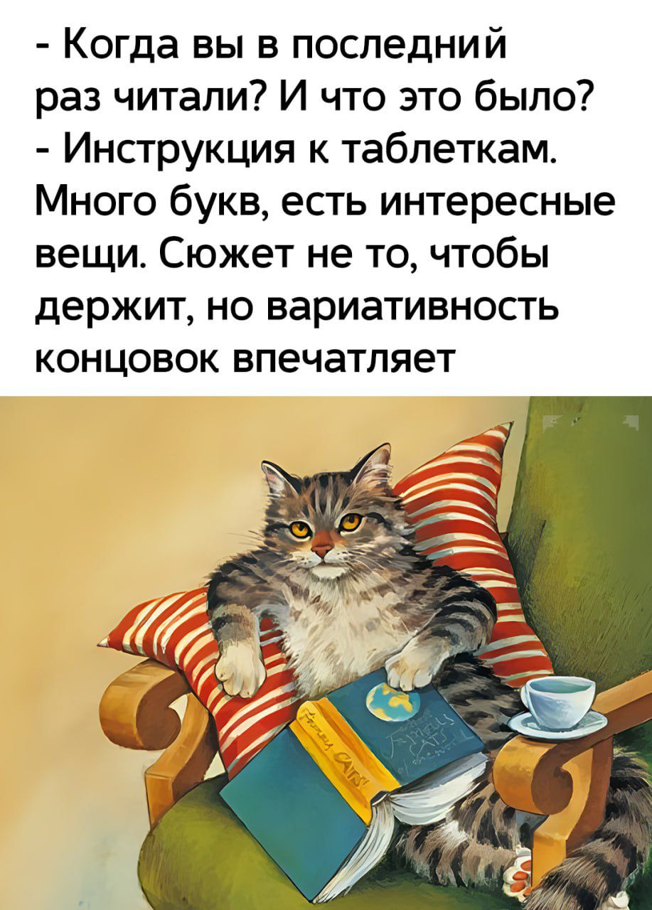 - Когда вы в последний раз читали? И что это было? - Инструкция к таблеткам. Много букв, есть интересные вещи. Сюжет не то, чтобы держит, но вариативность концовок впечатляет.