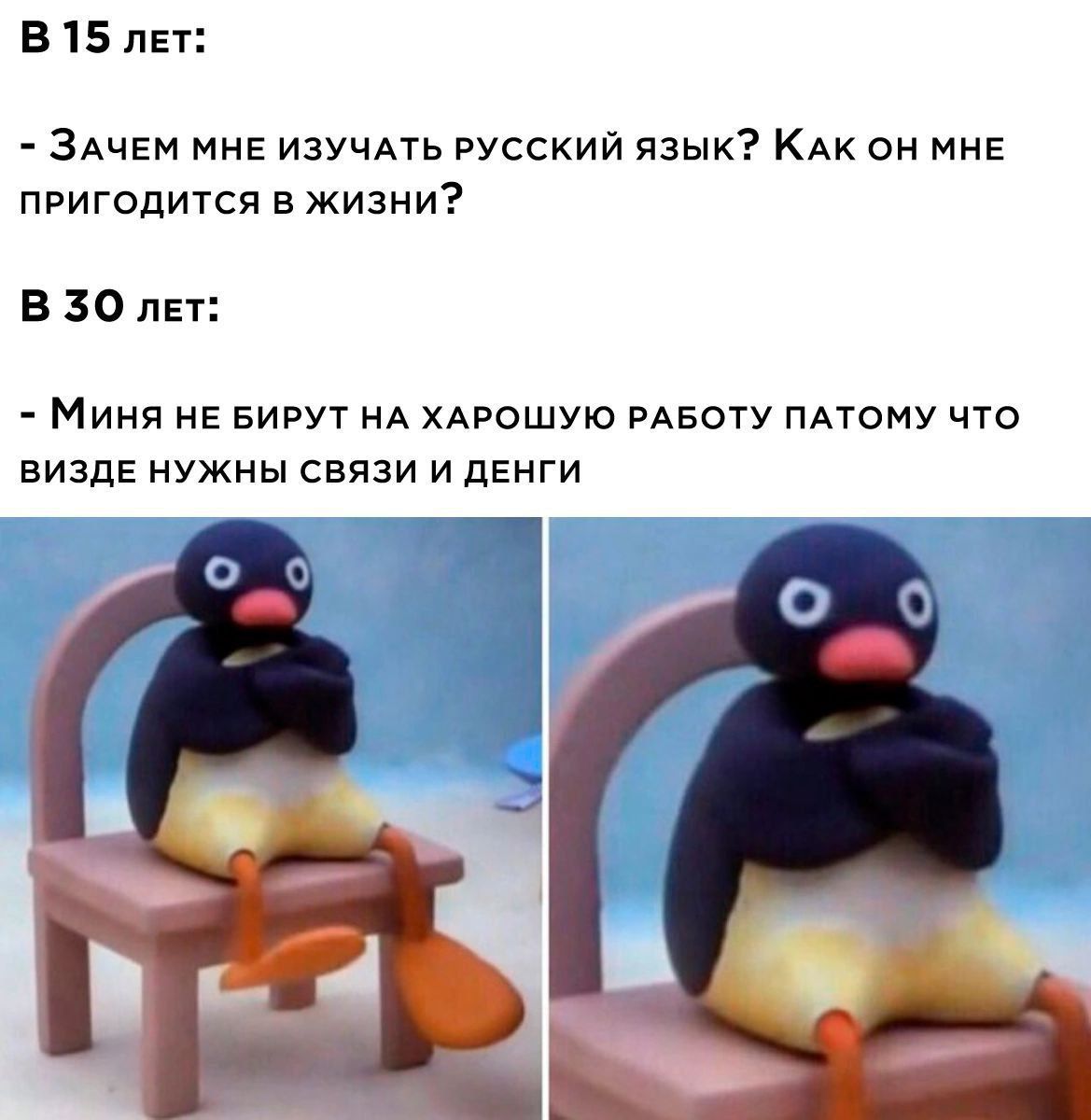 В 15 лет:
- Зачем мне изучать русский язык? Как он мне пригодится в жизни?

В 30 лет:
- Мина не бирут на хорошую работу потому что визде нужны связи и деньги