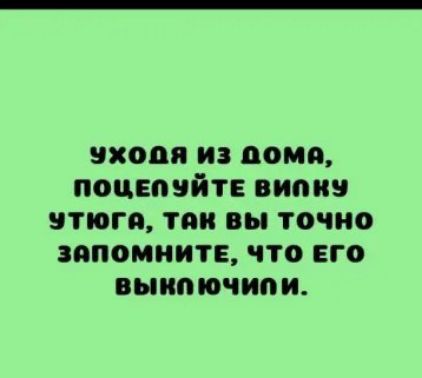 УХОДЯ ИЗ ДОМА, ПОЦЕЛУЙТЕ ВИЛКУ УТЮГА, ТАК ВЫ ТОЧНО ЗАПОМНИТЕ, ЧТО ЕГО ВЫКЛЮЧИЛИ.