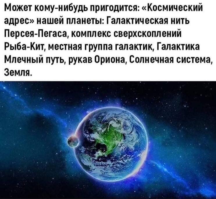 Может кому-нибудь пригодится: «Космический адрес» нашей планеты: Галактическая нить Персея-Пегаса, комплекс сверхскоплений Рыба-Кит, местная группа галактик, Галактика Млечный путь, рукав Ориона, Солнечная система, Земля.