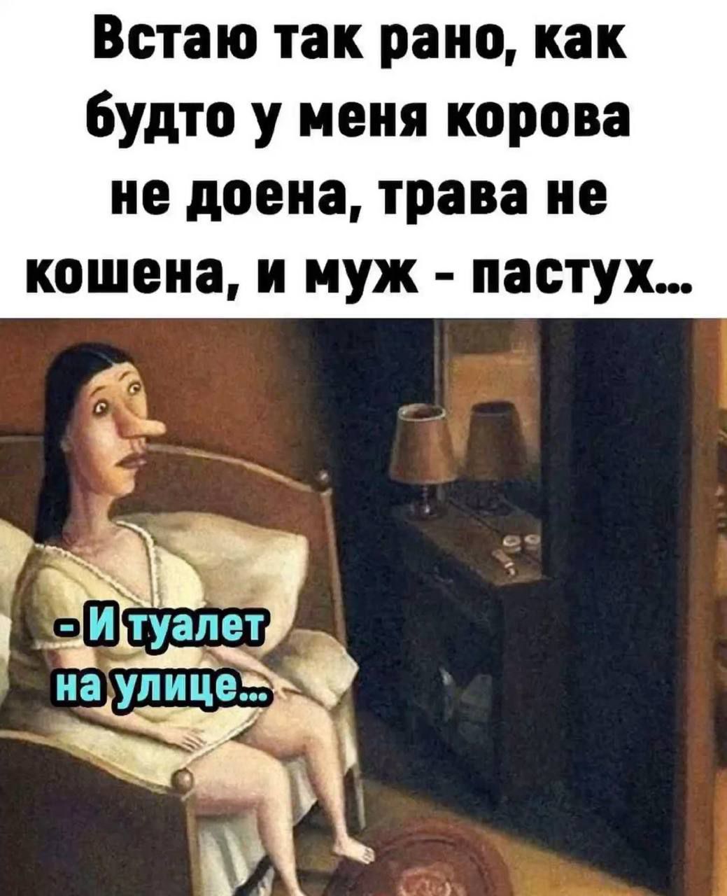 Встаю так рано, как будто у меня корова не доена, трава не кошена, и муж - пастух... - И туалет на улице...