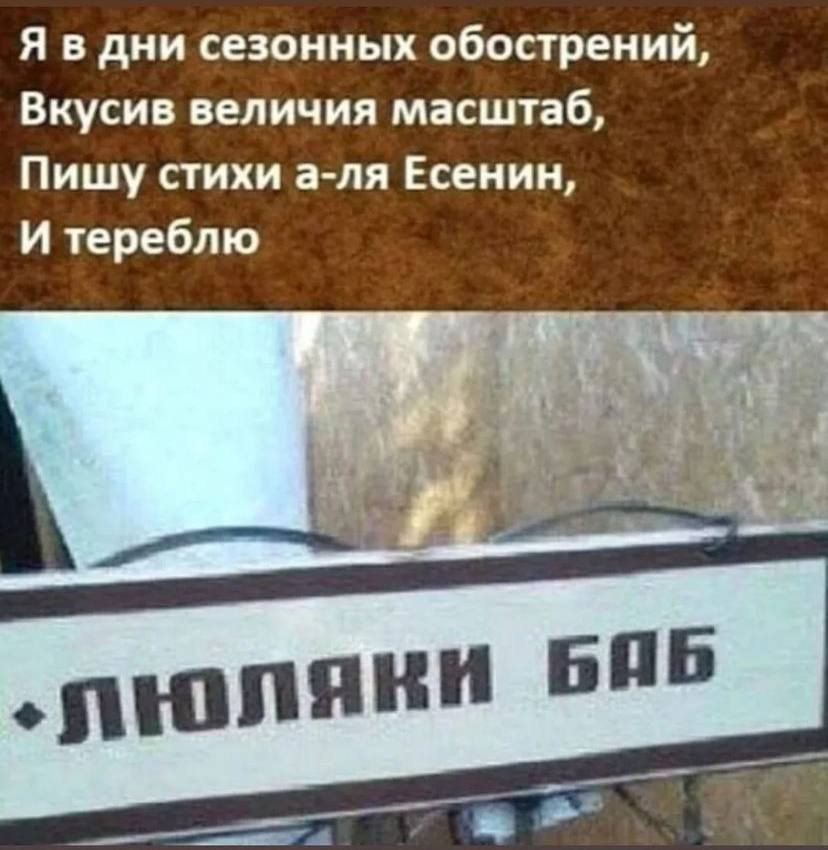 Я в дни сезонных обострений,
Вкусив величия масштаб,
Пишу стихи а-ля Есенин,
И тереблю

• ЛЮЛЯКИ БАБ