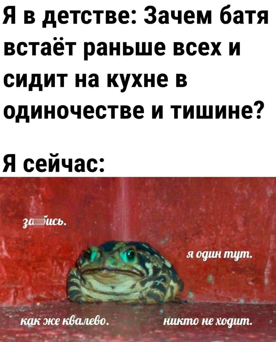 Я в детстве: Зачем батя встаёт раньше всех и сидит на кухне в одиночестве и тишине? Я сейчас: за—бись. я один тут. как же квалево. никто не ходит.
