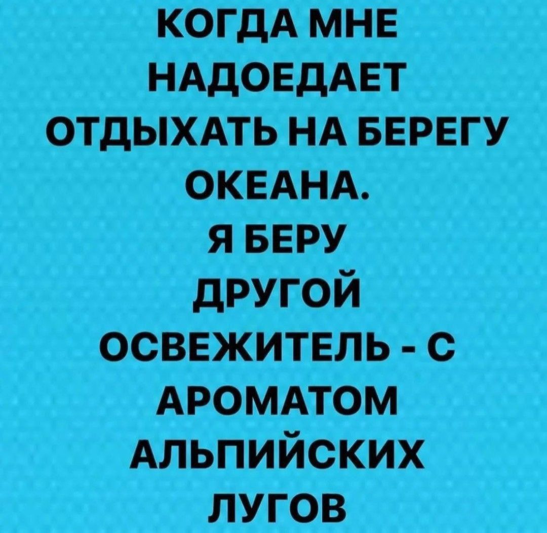 КОГДА МНЕ НУДНО ОТДЫХАТЬ НА БЕРЕГУ ОКЕАНА. Я БЕРУ ДРУГОЙ ОСВЕЖИТЕЛЬ - С АРОМАТОМ АЛЬПИЙСКИХ ЛУГОВ