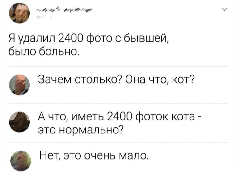 Я удалил 2400 фото с бывшей, было больно.
Зачем столько? Она что, кот?
А что, иметь 2400 фоток кота - это нормально?
Нет, это очень мало.