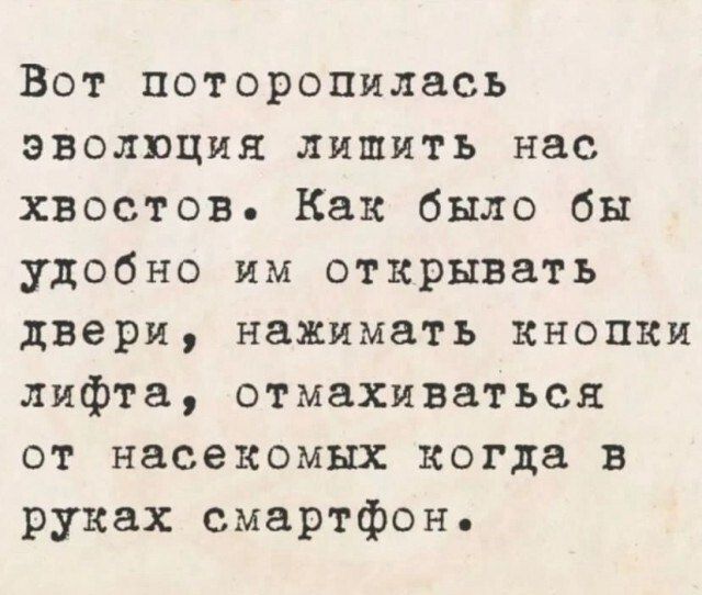 Вот поторопилась эволюция лишить нас хвостов. Как было бы удобно им открывать двери, нажимать кнопки лифта, отмахиваться от насекомых когда в руках смартфон.