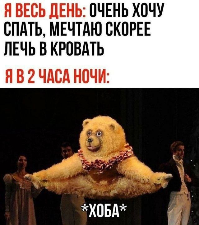 Я ВЕСЬ ДЕНЬ: ОЧЕНЬ ХОЧУ СПАТЬ, МЕЧТАЮ СКОРОЕ ЛЕЧЬ В КРОВАТЬ
Я В 2 ЧАСА НОЧИ:
*ХОБА*