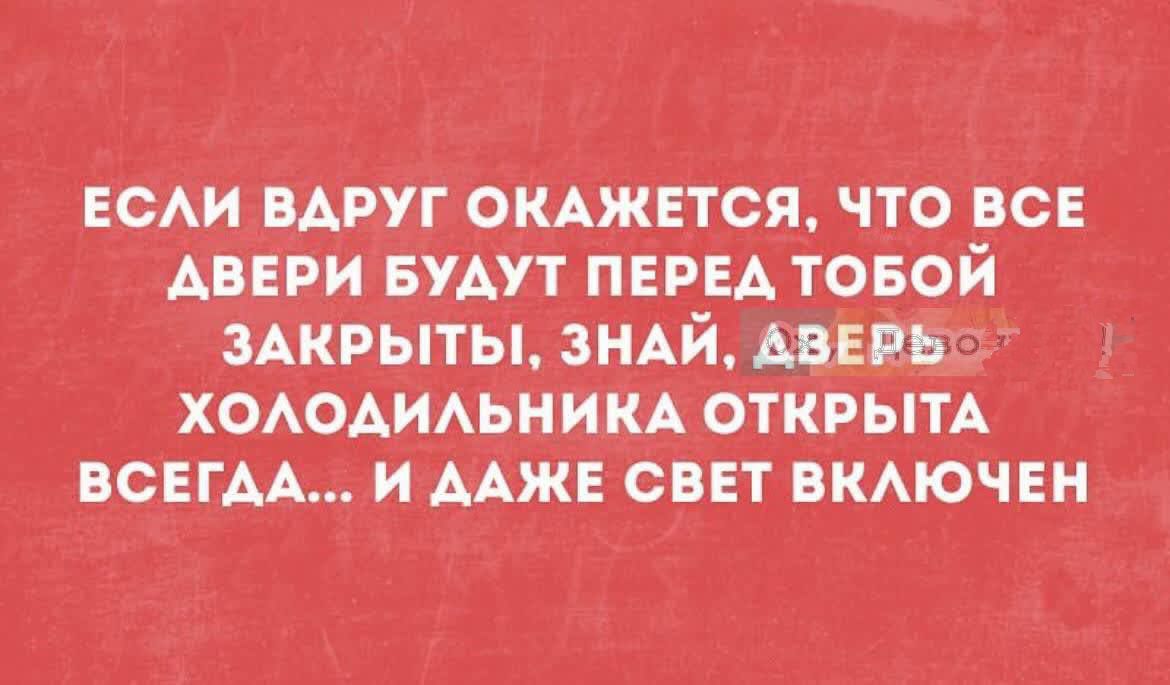 ЕСЛИ ВДРУГ ОКАЖЕТСЯ, ЧТО ВСЕ ДВЕРИ БУДУТ ПЕРЕД ТОБОЙ ЗАКРЫТЫ, ЗНАЙ, ДВЕРЬ ХОЛОДИЛЬНИКA ОТКРЫТА ВСЕГДА... И ДАЖЕ СВЕТ ВКЛЮЧЕН