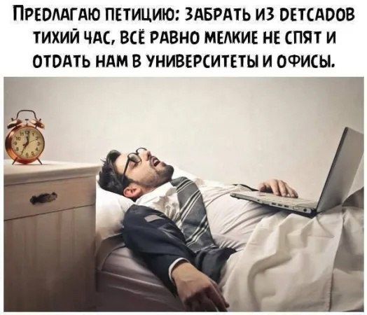 Предлагаю петицию: забрать из детсадов тихий час, всё равно мелкие не спят и отдать нам в университеты и офисы.