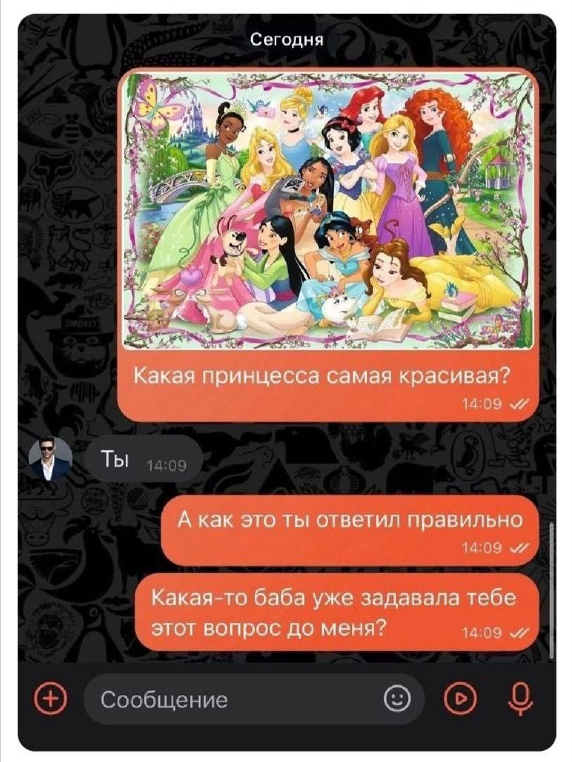 Какой принцесса самая красивая? А как это ты ответил правильно. Какая-то баба уже задавала тебе этот вопрос до меня?
