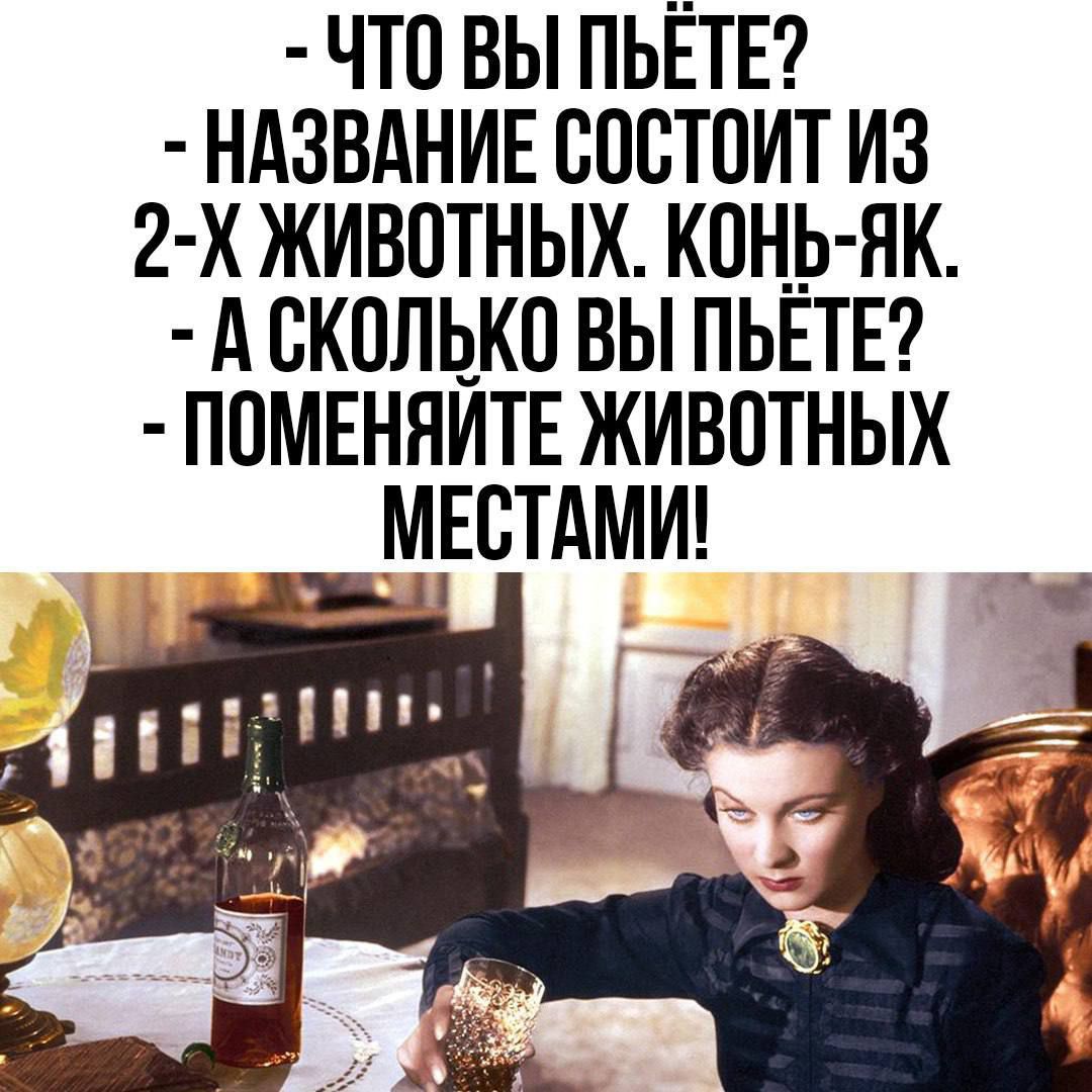 - Что вы пьёте?
- Название состоит из 2-х животных. Конь-як.
- А сколько вы пьёте?
- Поменяйте животных местами!