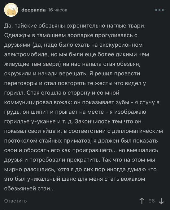Да, тайские обезьяны охренительно наглые твари. Однажды в тамошнем зоопарке прогуливаясь с друзьями (да, надо было ехать на экскурсионном электромобиле, но мы были еще более дикими чем живущие там звери) на нас напала стая обезьян, окружили и начали верещать. Я решил провести переговоры и стал повторять те жесты что видел у горилл. Стая отошла в сторону и с моим коммуницировавшем вожаком: он показывал зубы - я стучал в грудь, он шипел и прыгал на месте - изображая гориллу. Я ушел в тень. Закончилась тем что он показал зубы мне, в соответствии с дипломатическим протоколом стайных приматов, я должен был показать зубы в ответ, но не произошло…
