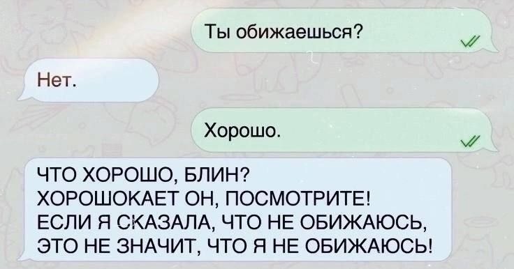Ты обижаешься?
Нет.
Хорошо.
ЧТО ХОРОШО, БЛИН? ХОРОШКОКает ОН, ПОСМОСРИТЕ! ЕСЛИ Я СКАЗАЛА, ЧТО НЕ ОБИЖАЮСЬ, ЭТО НЕ ЗНАЧИТ, ЧТО Я НЕ ОБИЖАЮСЬ!