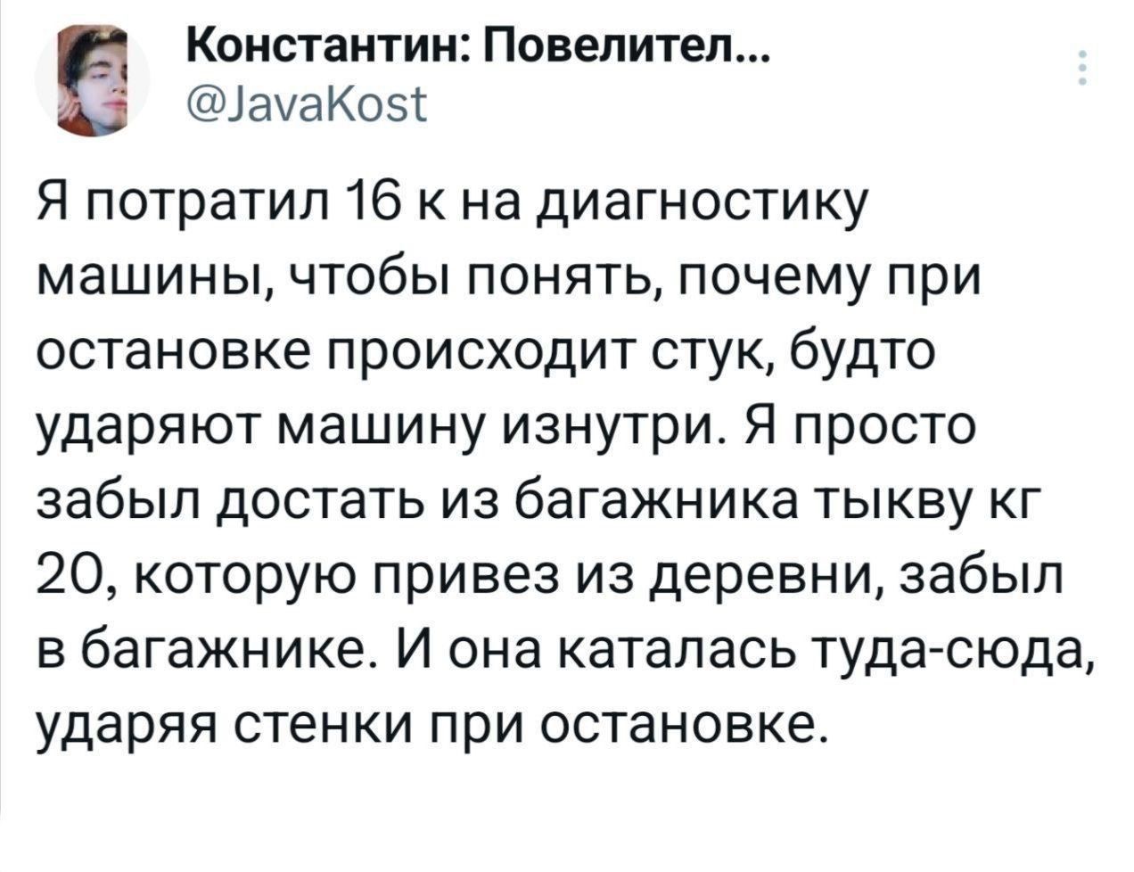 Я потратил 16 к на диагностику машины, чтобы понять, почему при остановке происходит стук, будто ударяют машину изнутри. Я просто забыл достать из багажника тыкву кг 20, которую привез из деревни, забыл в багажнике. И она каталась туда-сюда, ударяя стенки при остановке.