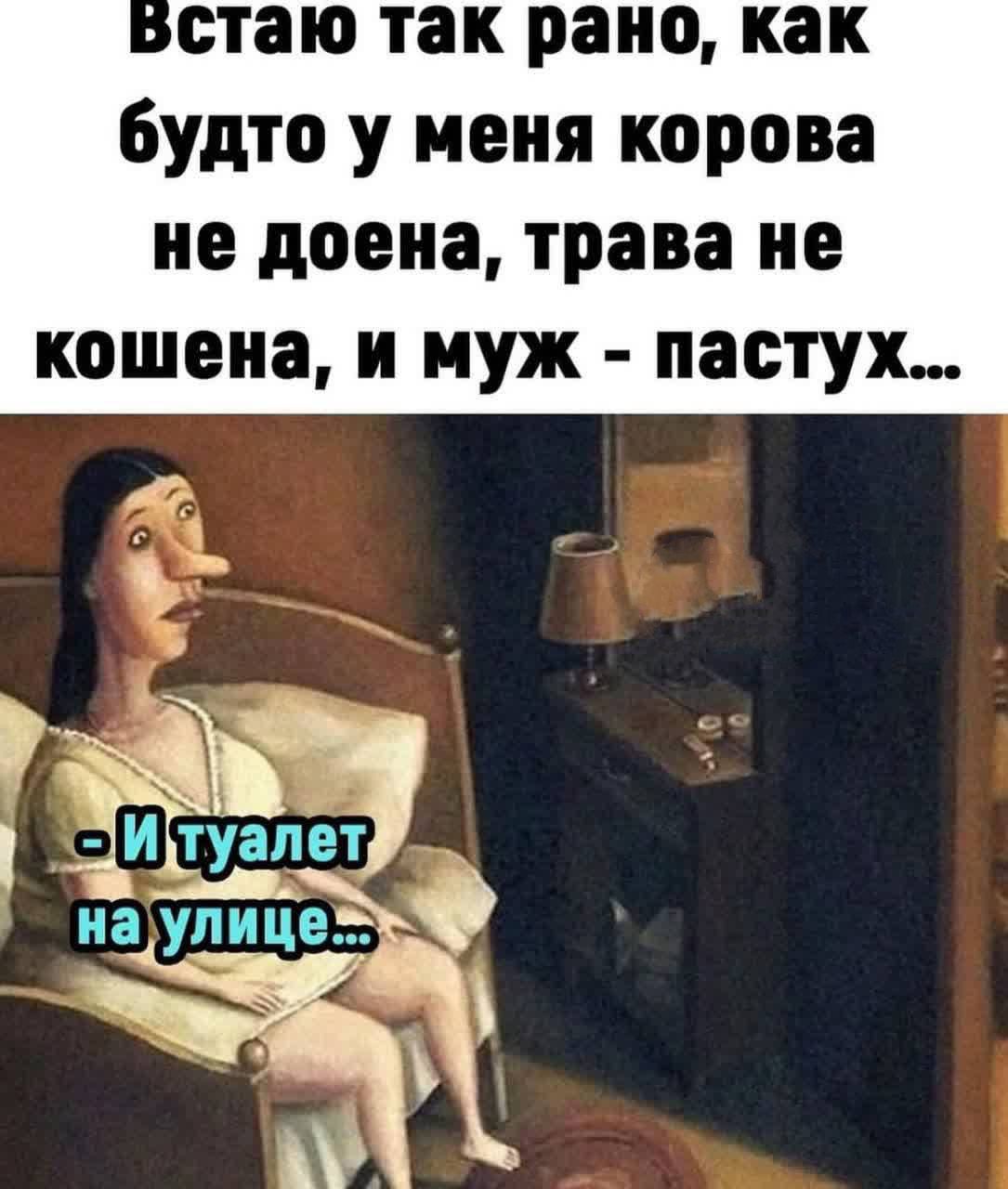 Встаю так рано, как будто у меня корова не доена, трава не кошена, и муж - пастух...
- И туалет на улице...