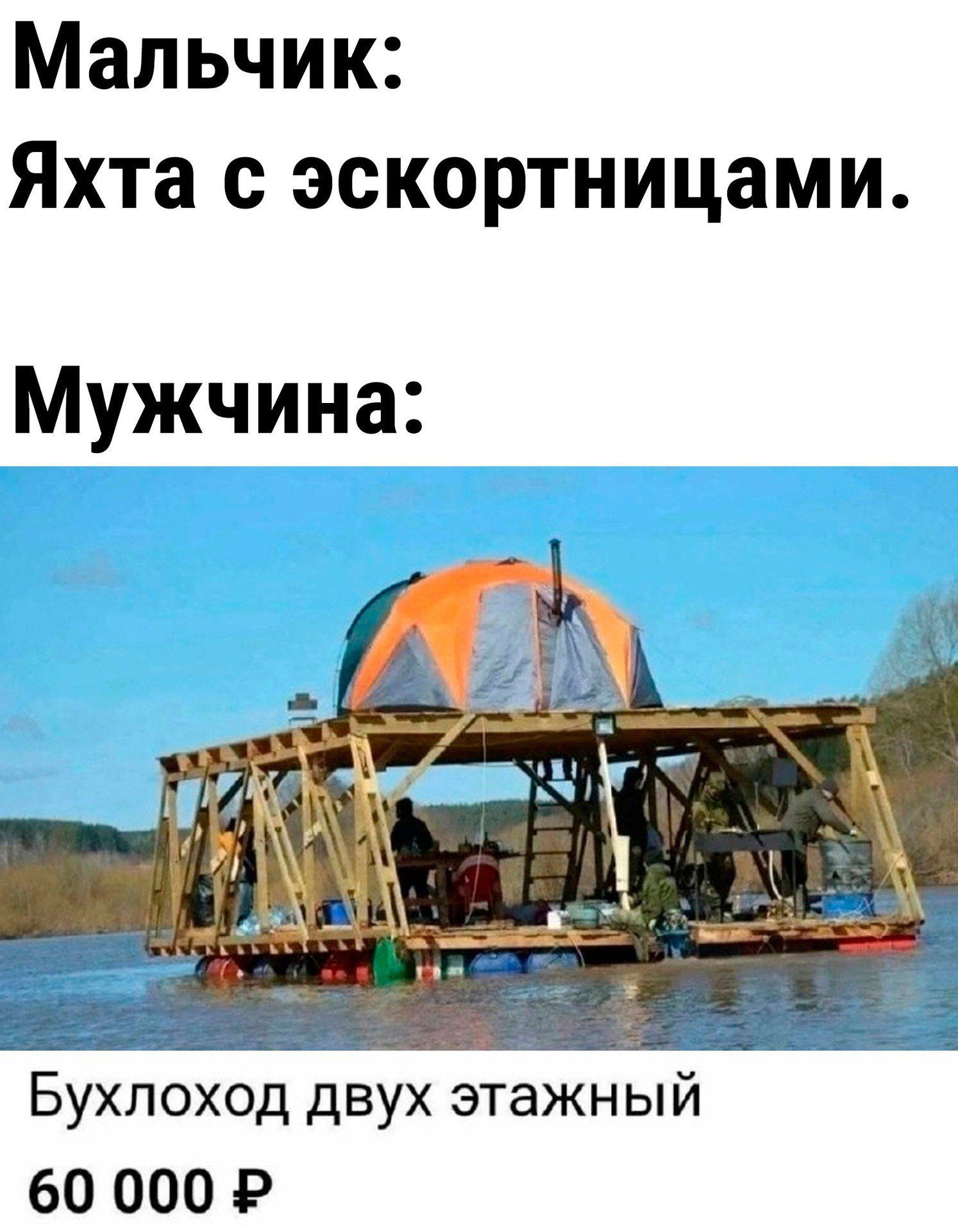 Мальчик: Яхта с эскортницами.
 Мужчина: Бухлоход двух этажный 60 000 ₽
