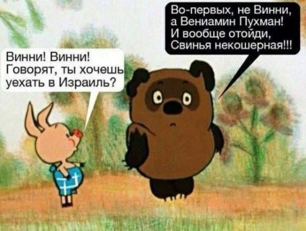 Винни! Винни! Говорят, ты хочешь уехать в Израиль?
Во-первых, не Винни, а Бениамин Пухман! И вообще отойди, свинья некошершная!!!