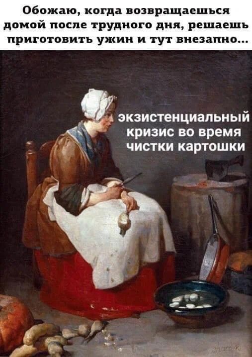 Обожаю, когда возвращаешься домой после трудного дня, решаешь приготовить ужин и тут внезапно... экзистенциальный кризис во время чистки картошки