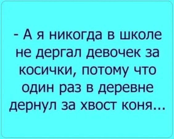 А я никогда в школе не дергал девочек за косички, потому что один раз в деревне дернул за хвост коня...
