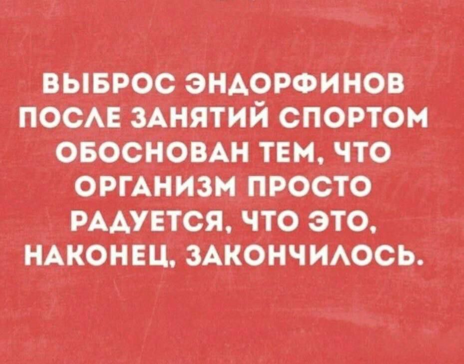 ВЫБРОС ЭНДОРФИНОВ ПОСЛЕ ЗАНЯТИЙ СПОРТОМ ОБОСНОВАН ТЕМ, ЧТО ОРГАНИЗМ ПРОСТО РАДУЕТСЯ, ЧТО ЭТО, НАКОНЦЕ, ЗАКОНЧИЛОСЬ.