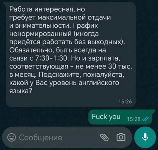 Работа интересная, но требует максимальной отдачи и внимательности. График ненормированный (иногда придётся работать без выходных). Обязательно, быть всегда на связи с 7:30-1:30. Но и зарплата, соответствующая – не менее 30 тыс. в месяц. Подскажите, пожалуйста, какой у Вас уровень английского языка?
Fuck you