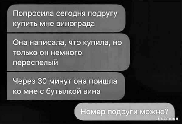 Попросила сегодня подругу купить мне винограда Она написала, что купила, но только он немного переспелый Через 30 минут она пришла ко мне с бутылкой вина