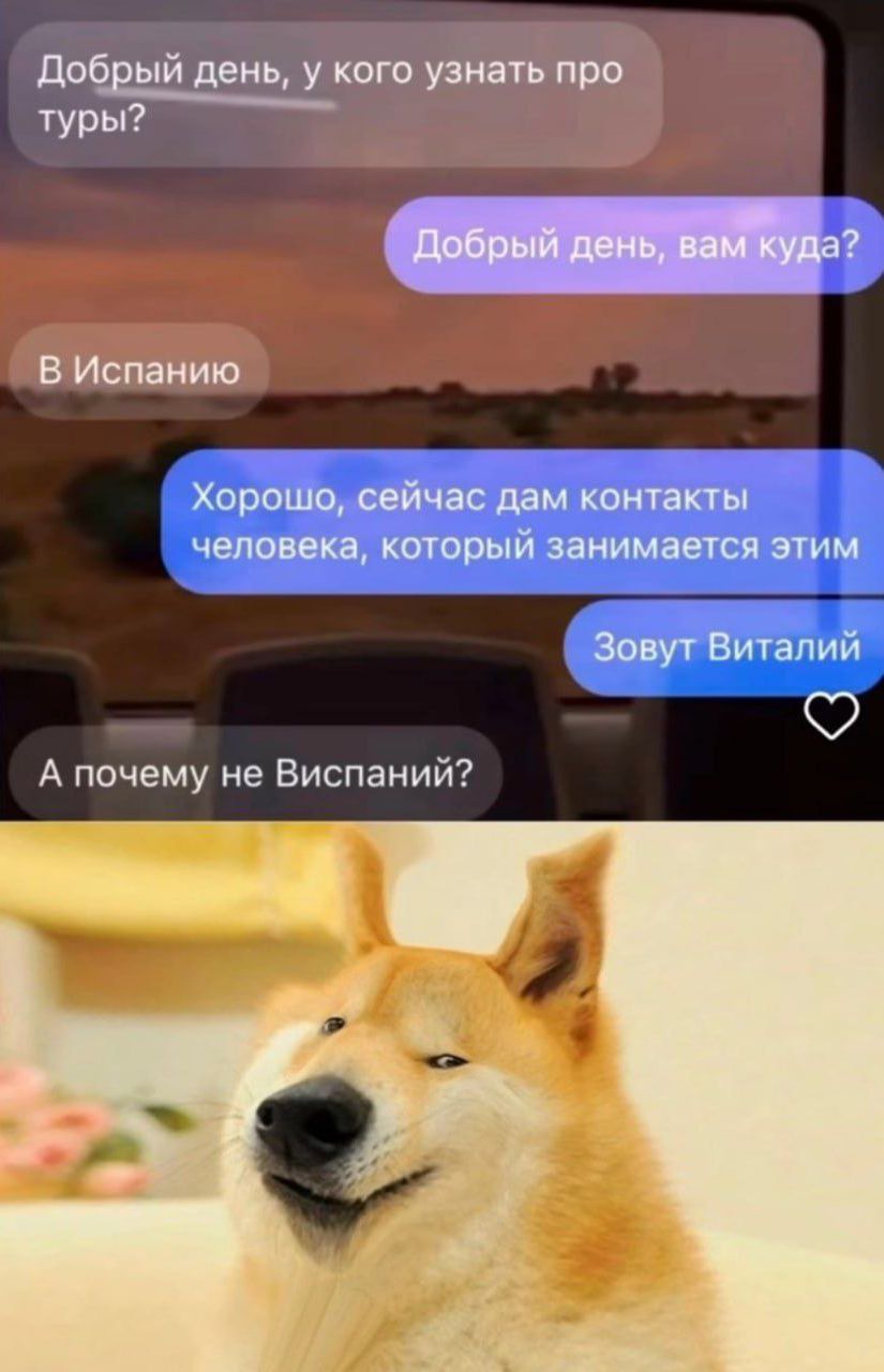 Добрый день, у кого узнать про туры?
Добрый день, вам куда?
В Испанию
Хорошо, сейчас дам контакты человека, который занимается этим
Зовут Виталий
А почему не Виспания?
