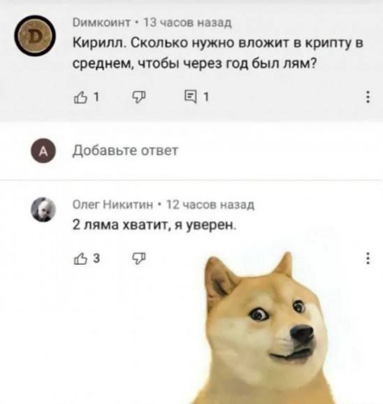 Димконт · 13 часов назад
Кирилл. Сколько нужно вложить в крипту в среднем, чтобы через год был лям?

[Добавьте ответ]
Олег Никитин · 12 часов назад
2 ляма хватит, я уверен.