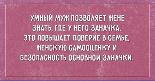 УМНЫЙ МУЖ ПОЗВОЛЯЕТ ЖЕНЕ ЗНАТЬ, ГДЕ У НЕГО ЗАНАЧКА. ЭТО ПОВЫШАЕТ ДОВЕРИЕ В СЕМЬЕ, ЖЕНСКУЮ САМООЦЕНКУ И БЕЗОПАСНОСТЬ ОСНОВНОЙ ЗАНАЧКИ.
