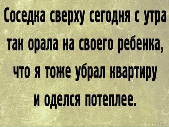 Соседка сверху сегодня с утра так орала на своего ребенка, что я тоже убрал квартиру и оделся потеплее.