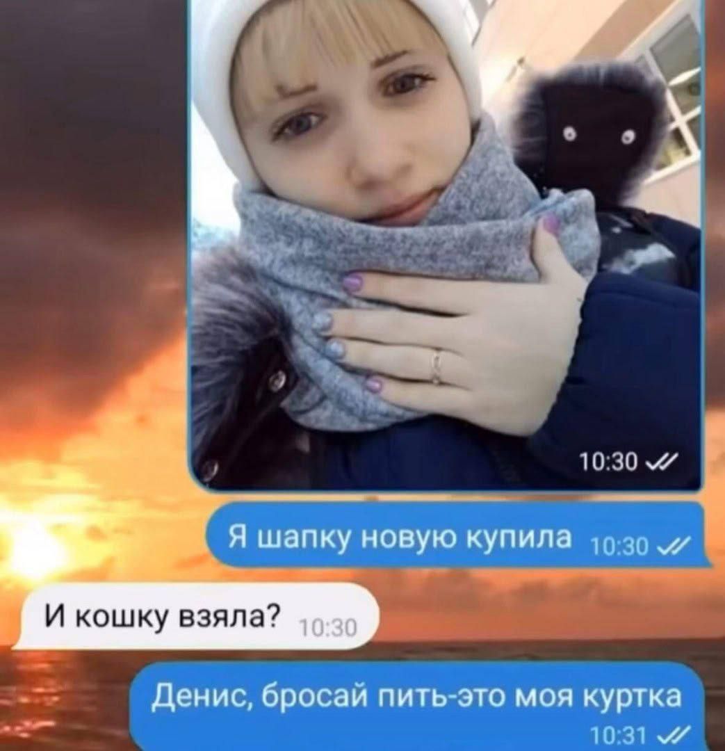 Я шапку новую купила
И кошку взяла?
Денис, бросай пить-это моя куртка