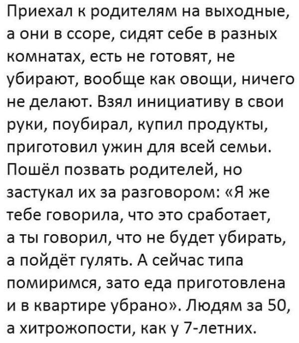 Приехал к родителям на выходные, а они в ссоре, сидят себе в разных комнатах, есть не готовят, не убирают, вообще как овощи, ничего не делают. Взял инициативу в свои руки, поубирал, купил продукты, приготовил ужин для всей семьи. Пошёл позвать родителей, но застукал их за разговором: «Я же тебе говорил, что это сработает, а ты говорил, что не будет убирать, а пойдёт гулять. А сейчас типа помиримся, зато еда приготовлена и в квартире убрано».
