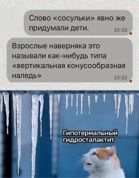 Слово «сосульки» явно же придумали дети.
Взрослые наверняка это называли как-нибудь типа «вертикальная конусообразная наледь»
Гипотермальный гидросталактик