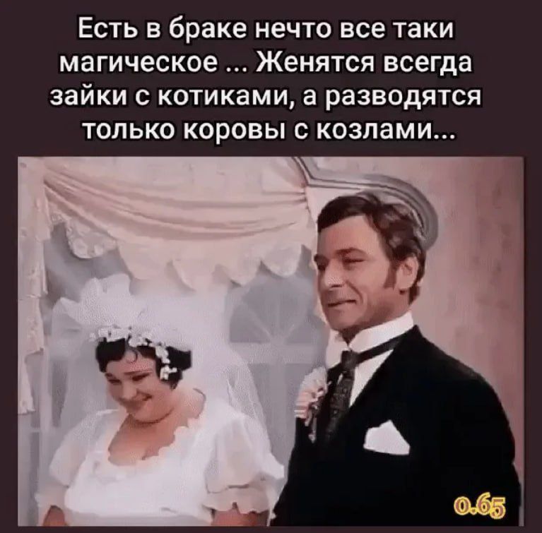Есть в браке нечто все таки магическое ... Женяться всегда зайки с котиками, а разводятся только коровы с козлами...