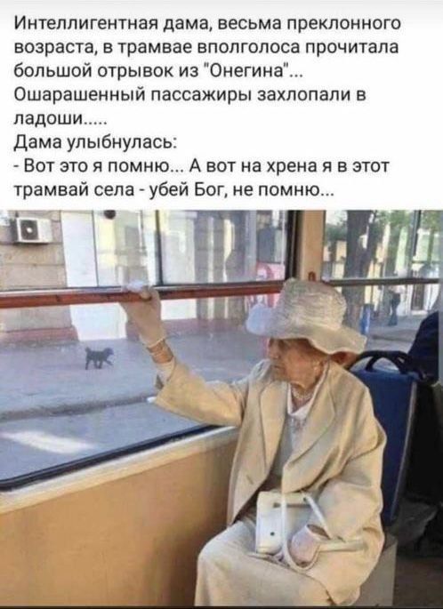 Интеллигентнейшая дама, весьма преклонного возраста, в трамвае вполголоса прочитала большой отрывок из «Онегина»... Ошарашенные пассажиры захлопали в ладоши... Дама улыбнулась: - Вот это я помню... А вот на хрена я в этот трамвай села - убей Бог, не помню...
