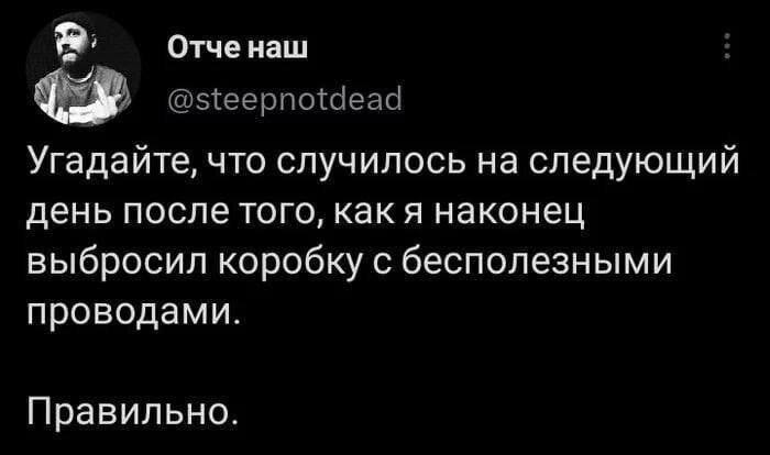 Угадайте, что случилось на следующий день после того, как я наконец выбросил коробку с бесполезными проводами. Правильно.