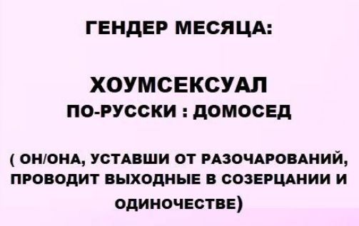 ГЕНДЕР МЕСЯЦА: ХОУМСЕКСУАЛ ПО-РУССКИ: ДОМОСЕД (ОН/ОНА, УСТАВШИ ОТ РАЗОЧАРОВАНИЙ, ПРОВОДИТ ВЫХОДНЫЕ В СОЗЕРЦАНИИ И ОДИНОЧЕСТВЕ)
