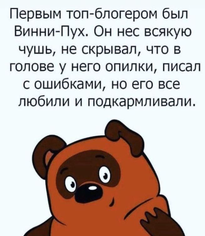 Первым топ-блогером был Винни-Пух. Он нес всякую чушь, не скрывал, что в голове у него опилки, писал с ошибками, но его все любили и подкармливали.