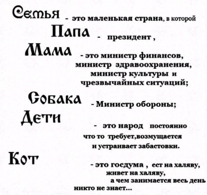 Семья - это маленькая страна, в которой Папа - президент, Мама - министр финансов, министр здравоохранения, министр культуры и чрезвычайных ситуаций; Собака - министр обороны; Дети - это народ, постоянно что-то требует, возмущается и устраивает забастовки. Кот - это госдума, есть на халяву, живет на халяву, а чем занимается весь день никто не знает...