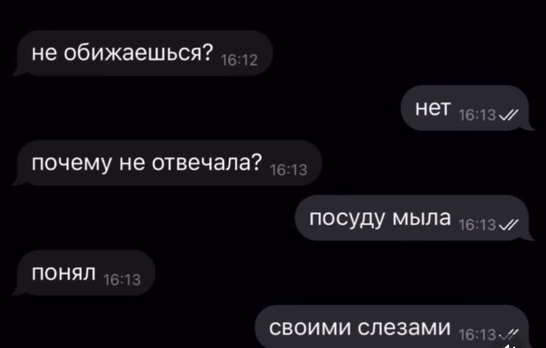 не обижаешься?
нет
почему не отвечала?
посуду мыла
понял
своими слезами