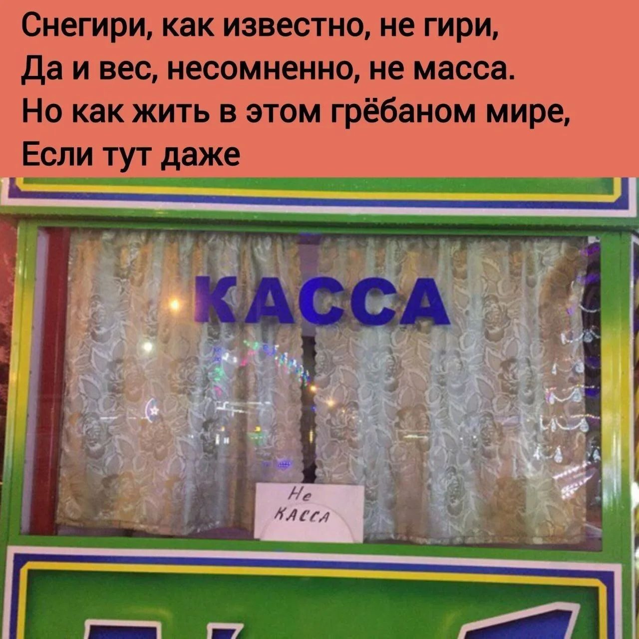Снегири, как известно, не гири, Да и вес, несомненно, не масса. Но как жить в этом грёбаном мире, Если тут даже КАССА Не КАССА