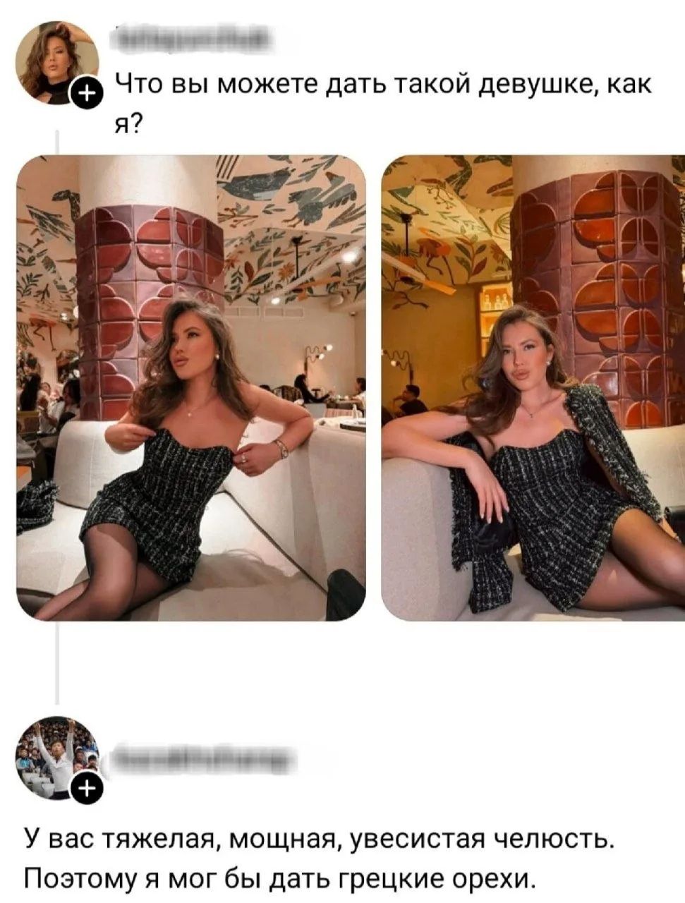 Что вы можете дать такой девушке, как я? У вас тяжелая, мощная, увесистая челюсть. Поэтому я мог бы дать грецкие орехи.