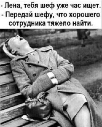 Лена, тебя шеф уже час ищет. - Передай шефу, что хорошего сотрудника тяжело найти.